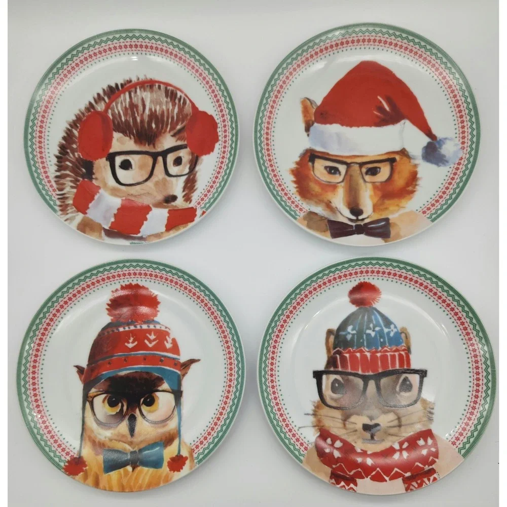 Ciroa Celebrate Holiday Christmas Winter Forest Animal 4 Salad Dessert Plates 8